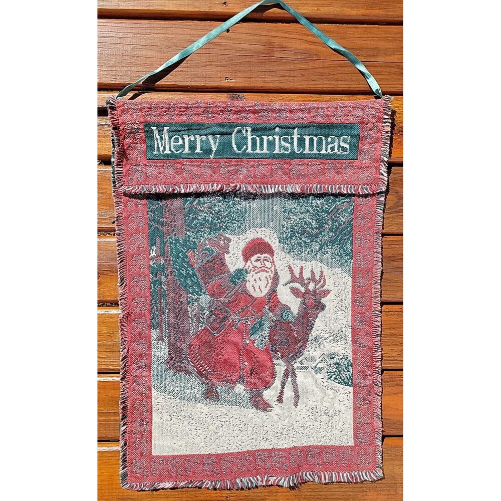 Vintage Christmas Tapestry Woven Wall-Hanging Santa With Reindeer 32x21 WTC 1995